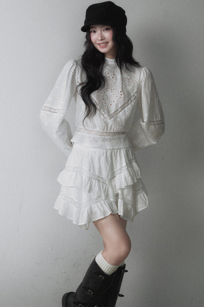 Pure Cotton Cut Out Shirt and Multi-Layered Asymmetrical Ruffle Skirt