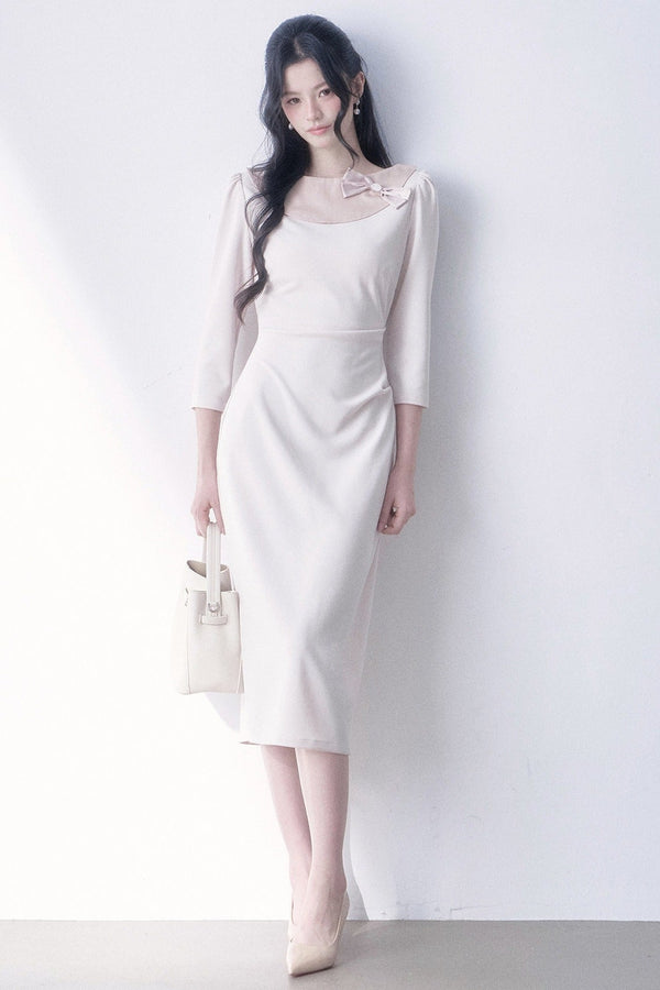 Beige Patchwork Bow Detail Dress