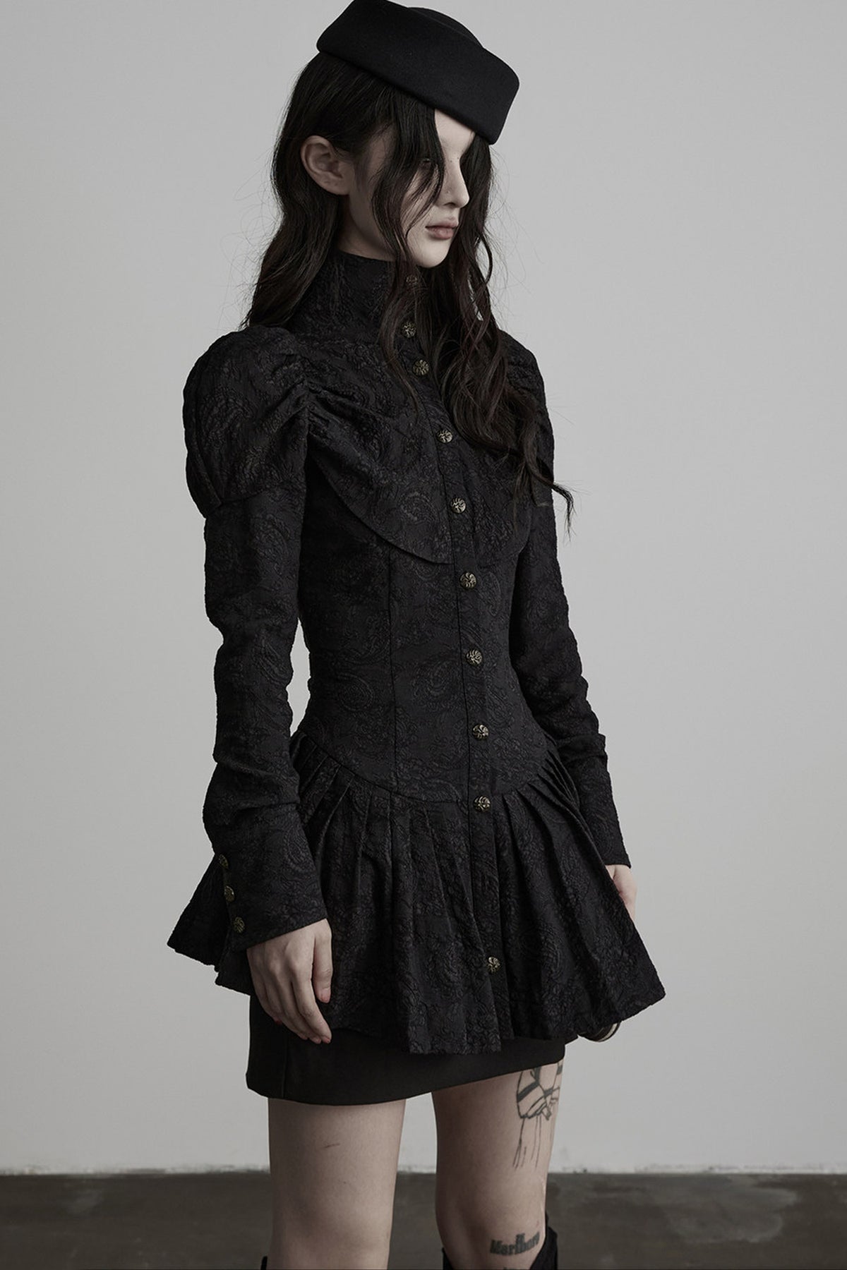 Jacquard Pleated Skirt-Style Hem Long-Sleeve Shirt