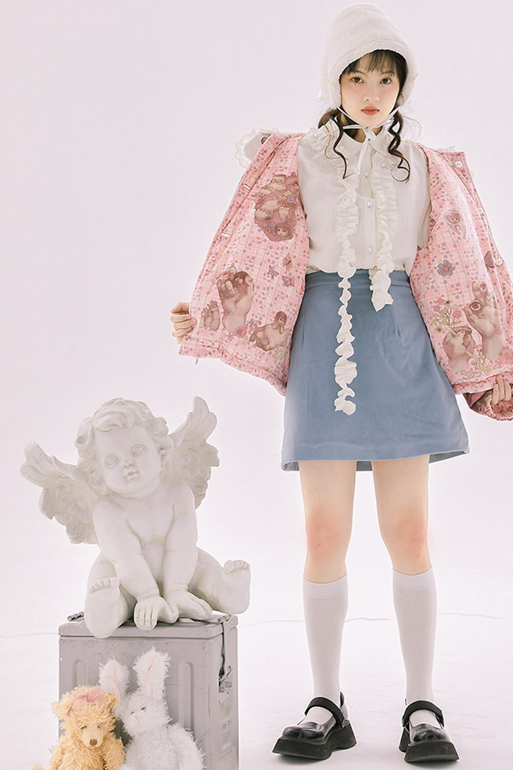Blue Quilted Velvet A-Line Skirt
