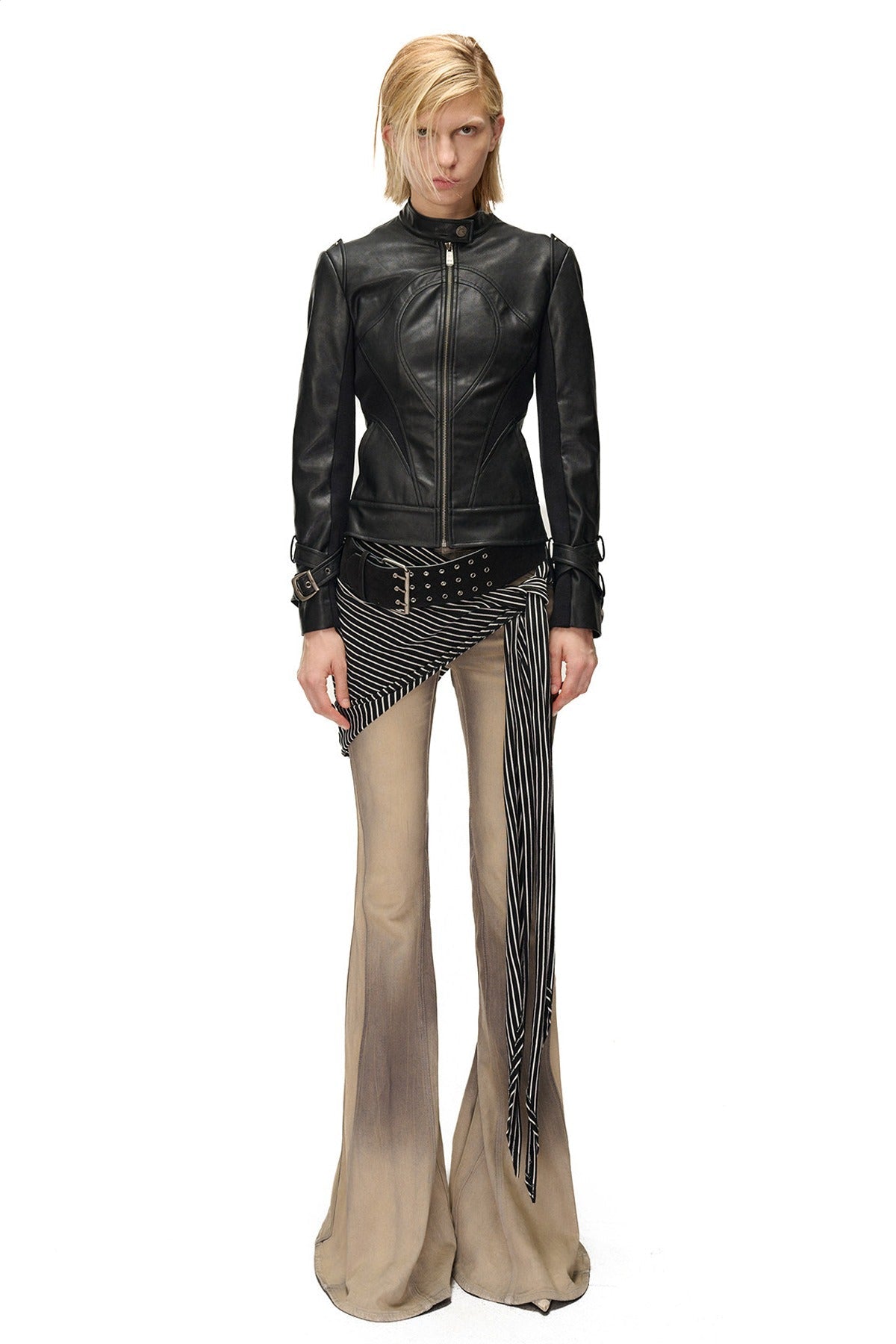Slim-Fitting Functional Spliced PU Leather Jacket
