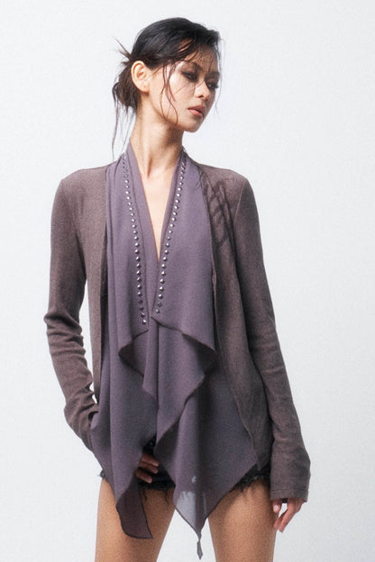 Layered-Look Knit Chiffon Cardigan