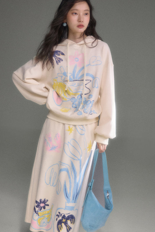 Ear Detail Bird Fruit Print Sweatshirt and Skirt Set-Up