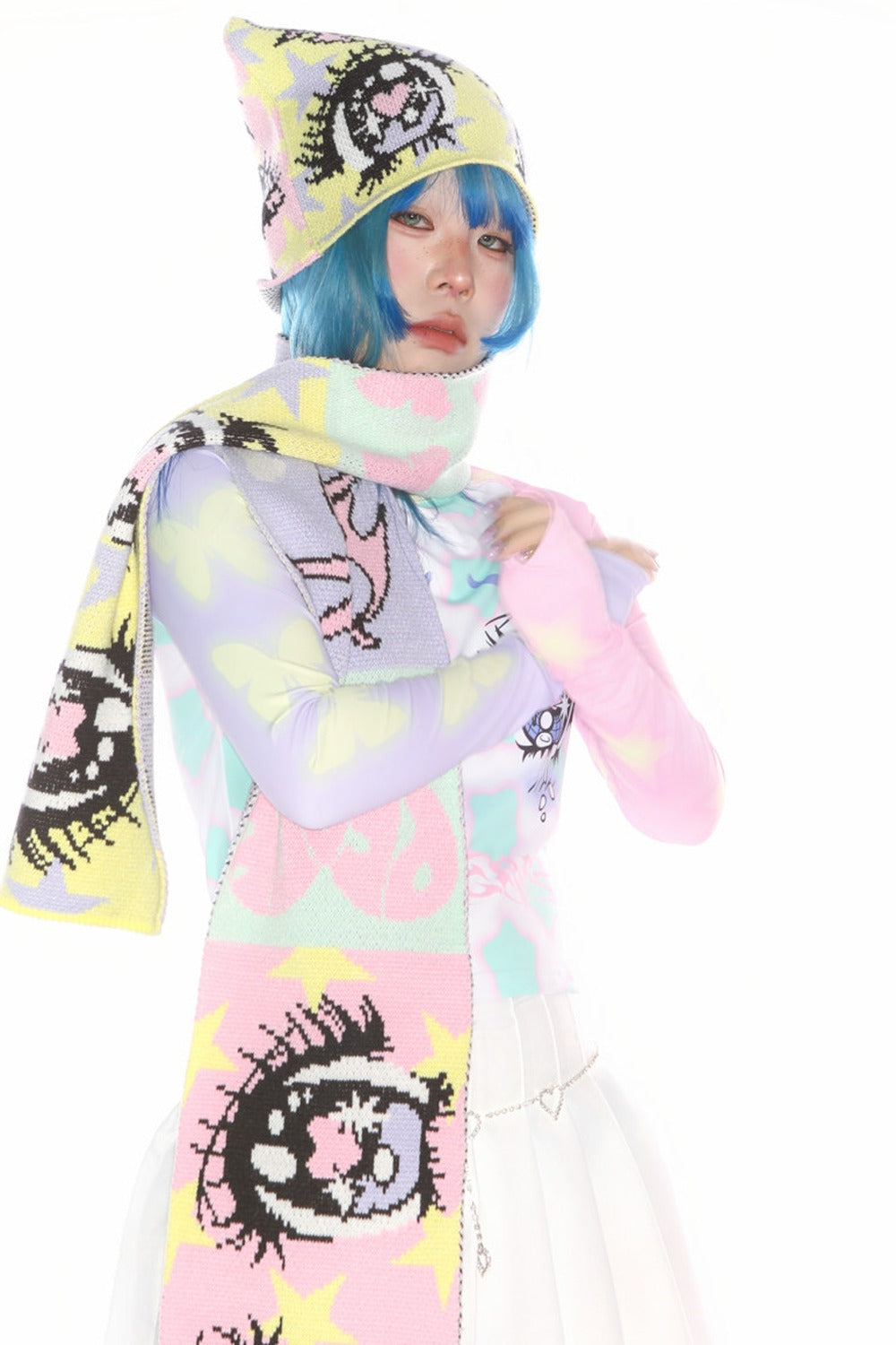 Comic Eye Knitted Long Scarf Set-Up