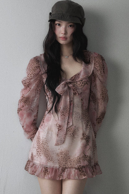 Pink Leopard Print Chiffon Bow Tie Dress