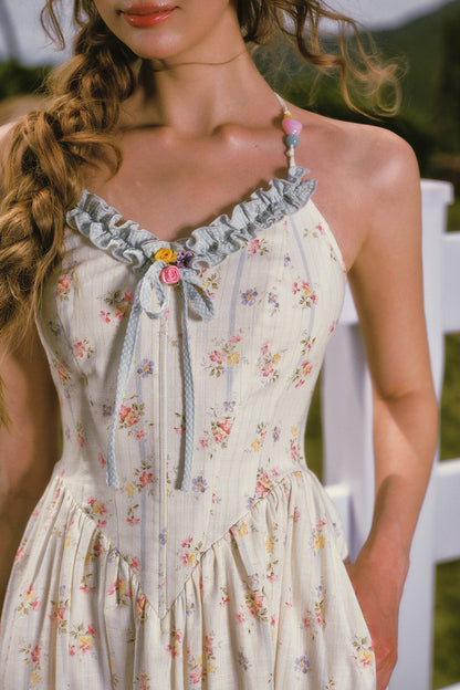 Floral Printed Fishbone Camisole Dress and Pink Cardigan Set-Up