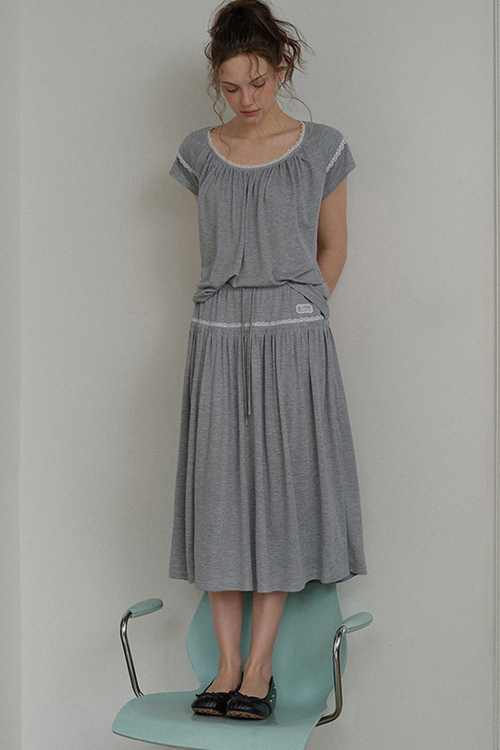Gray Drawstring Lace Trim Midi Skirt