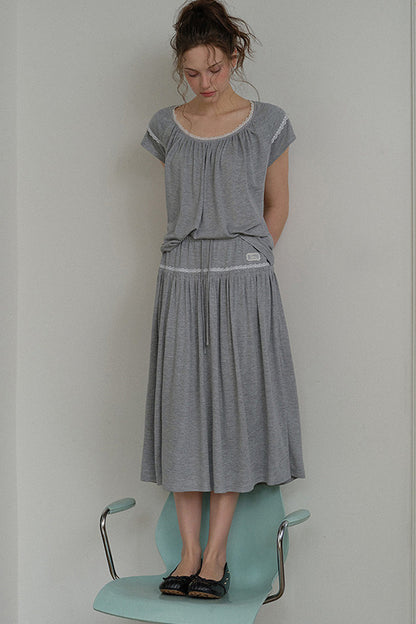 Gray Drawstring Lace Trim Midi Skirt
