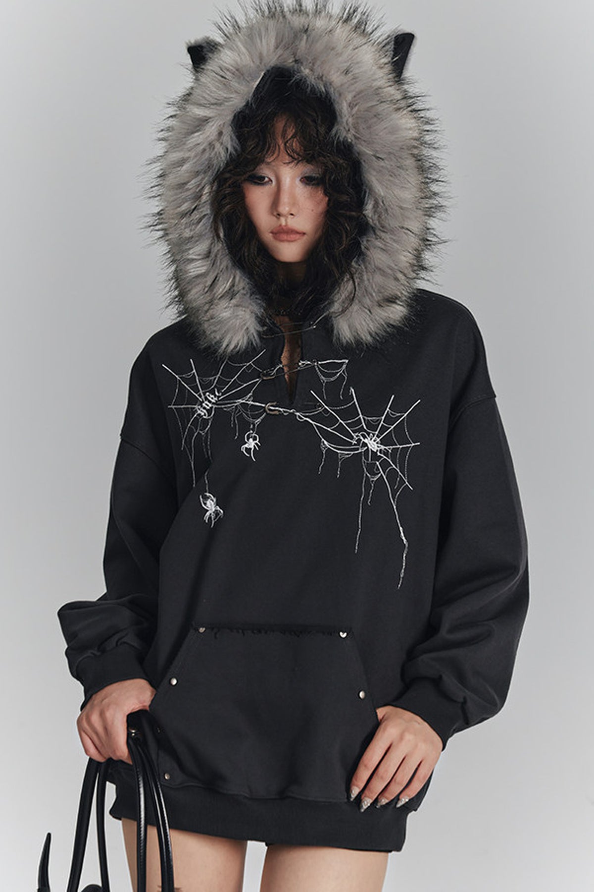 Spider Web Print Hooded Cat Ear Jacket