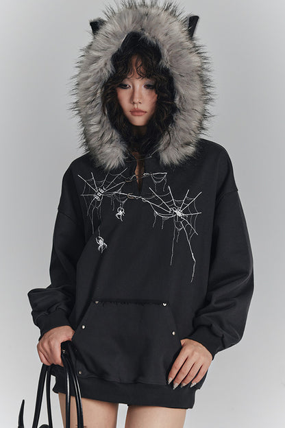 Spider Web Print Hooded Cat Ear Jacket