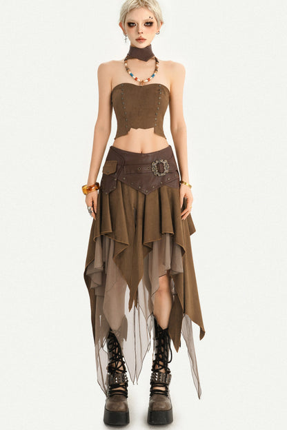 Patchwork Faux Suede Skirt and Top Set-Up
