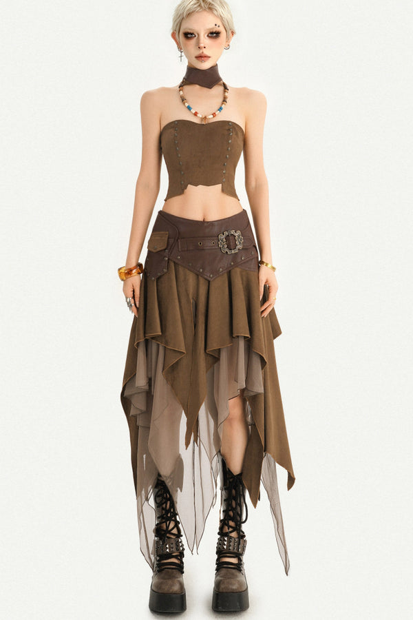 Patchwork Faux Suede Skirt and Top Set-Up