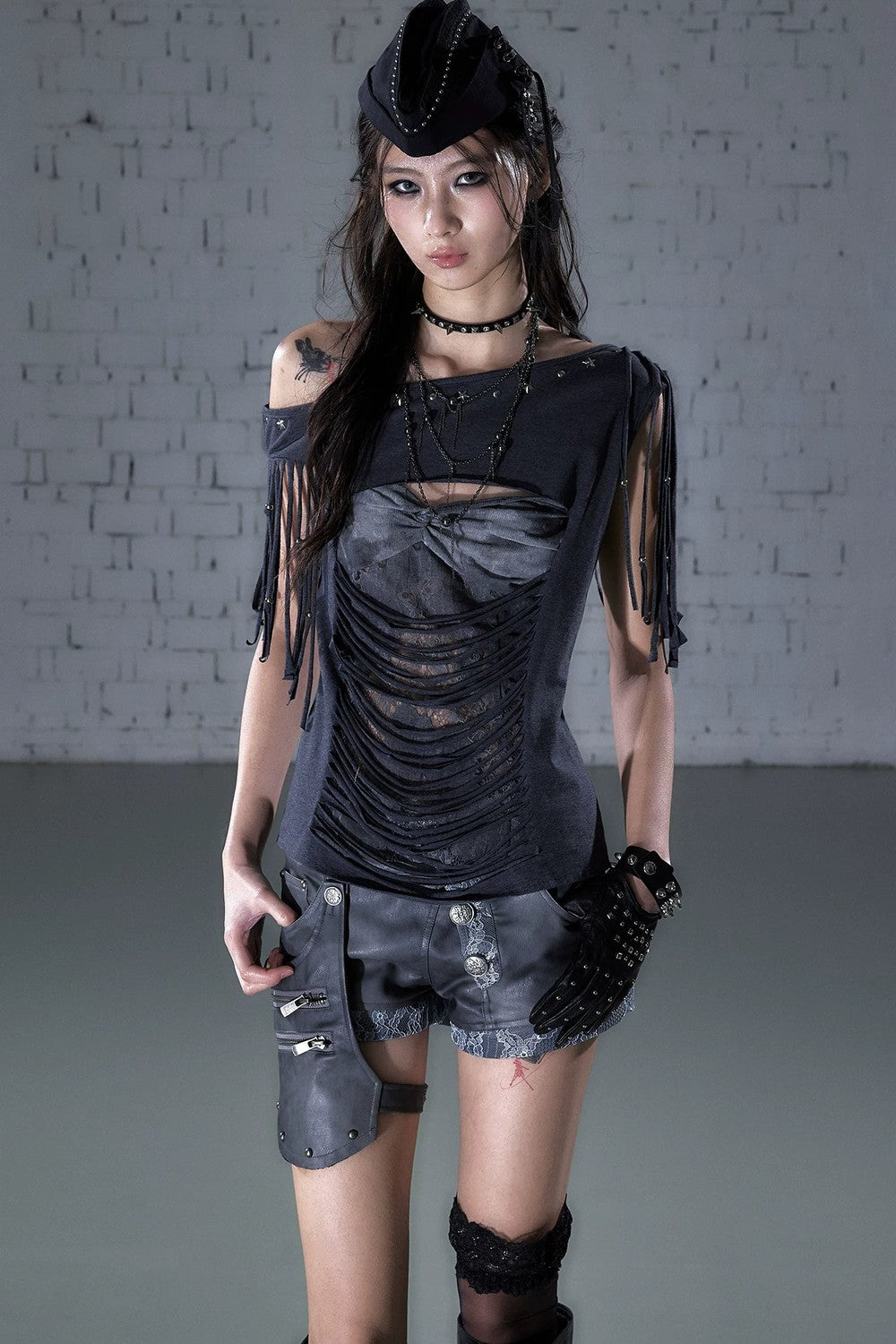 Beaded Lace Off-Shoulder T-Shirt