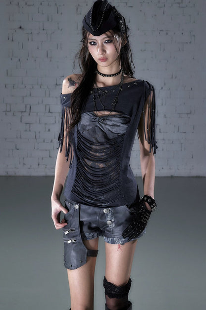 Beaded Lace Off-Shoulder T-Shirt