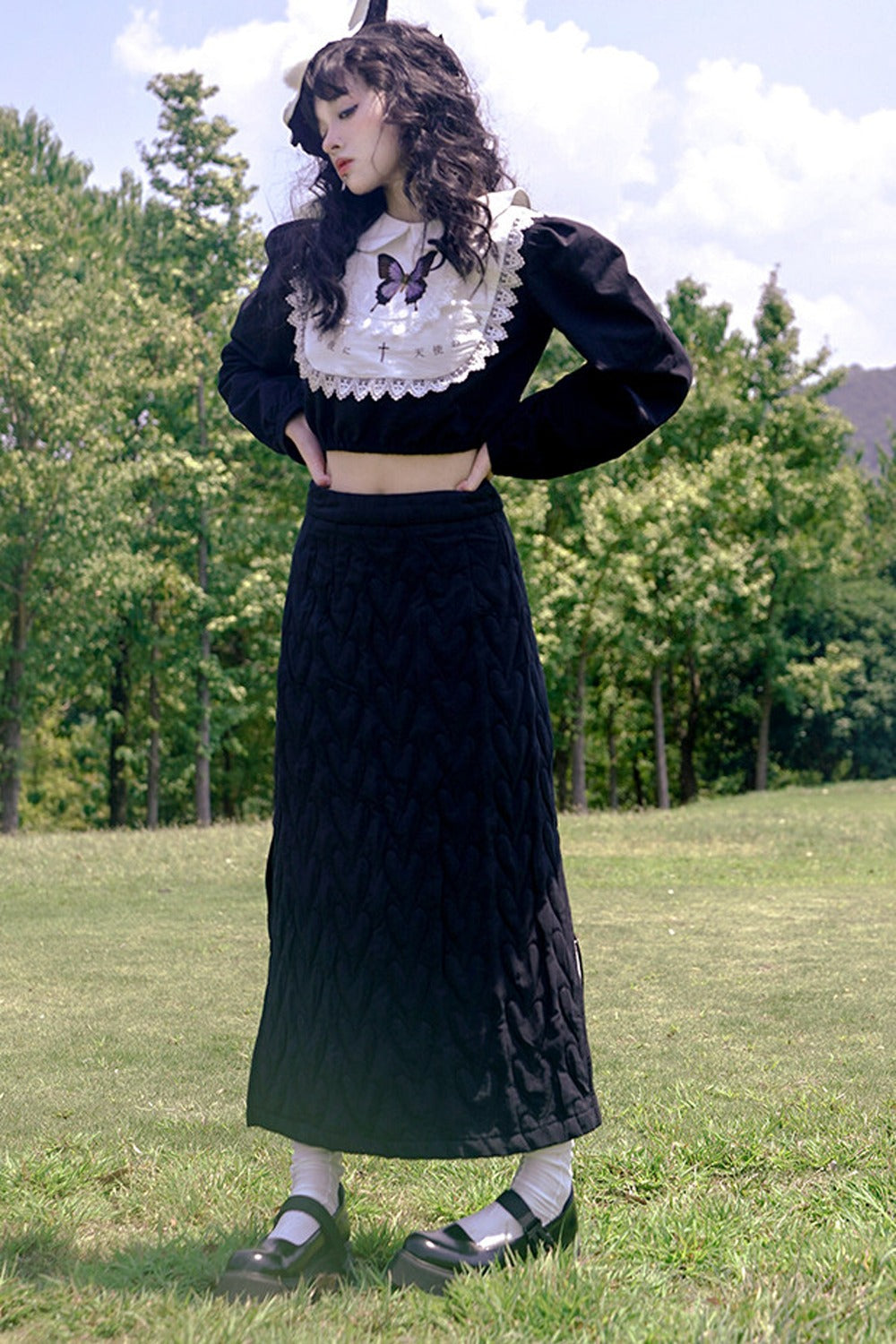 Heart Jacquard Slit Skirt