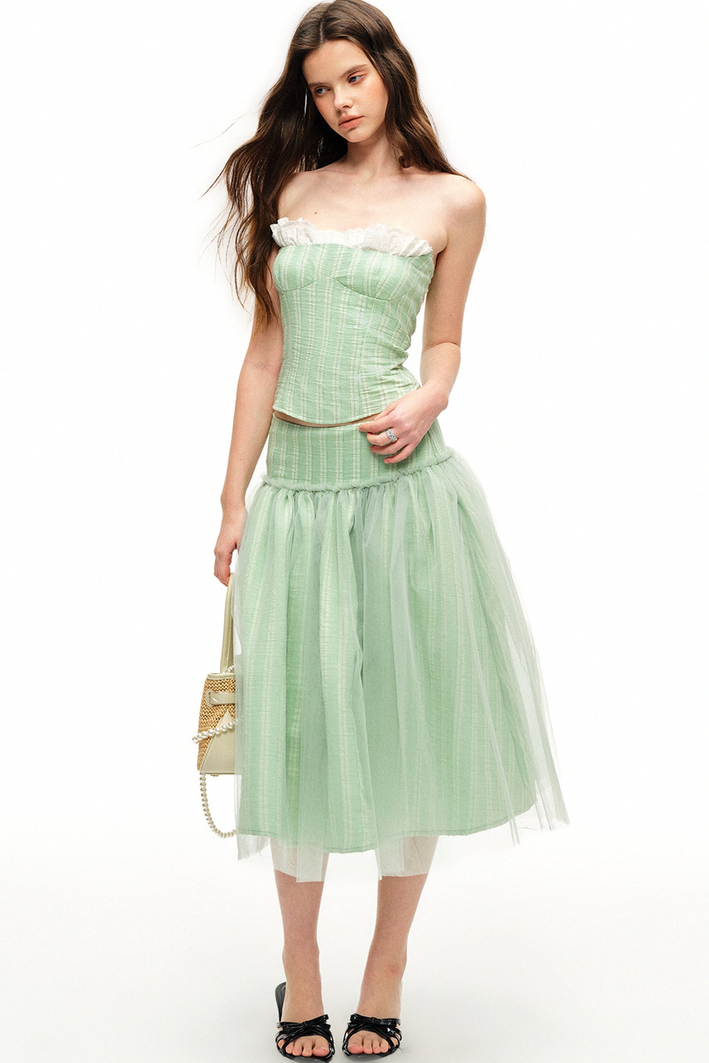 Mint Green Stripe Lyocell Cape and Tulle Skirt Set-Up