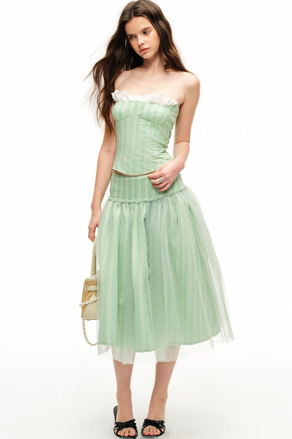 Mint Green Stripe Lyocell Cape and Tulle Skirt Set-Up