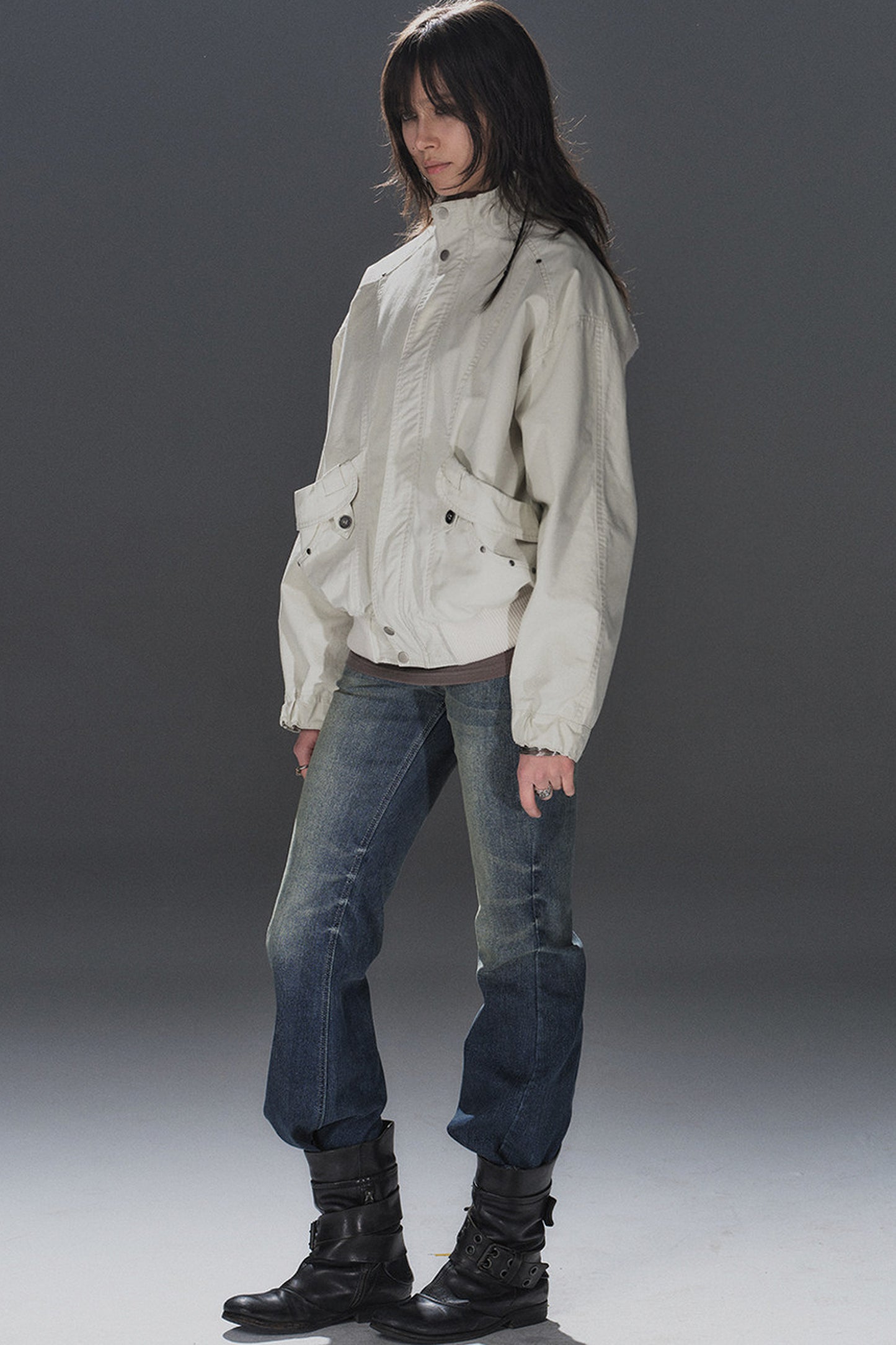 Rivet Patchwork Stand Collar Jacket