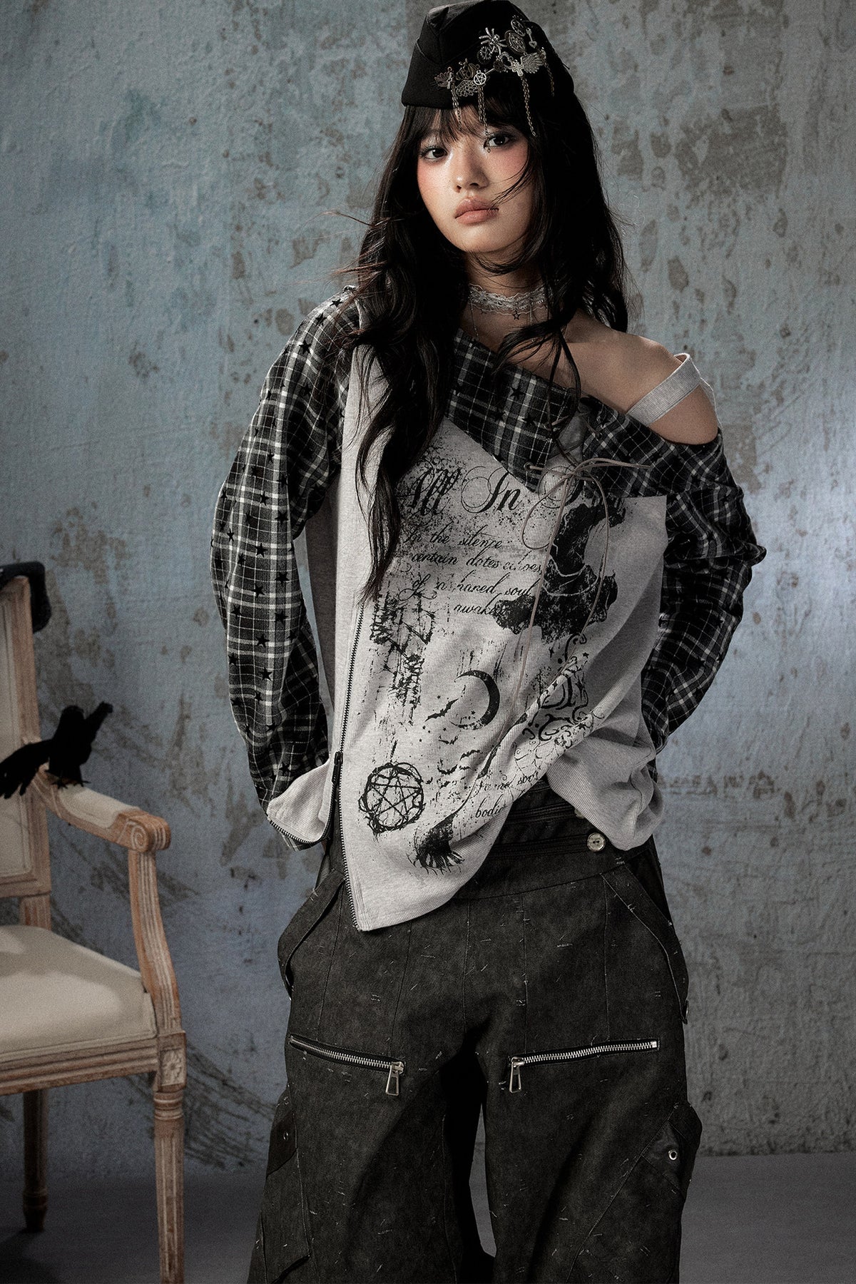 Plaid Wing Off-Shoulder Long-Sleeve T-Shirt