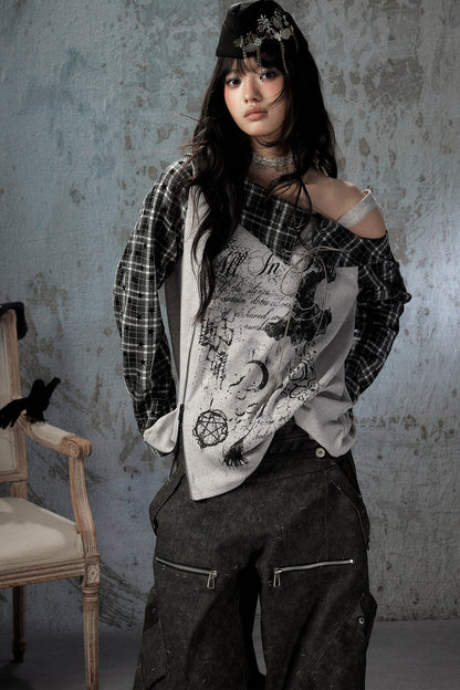 Plaid Wing Off-Shoulder Long-Sleeve T-Shirt