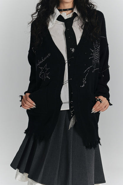 Irregular Ripped Pin V-Neck Knitted Cardigan