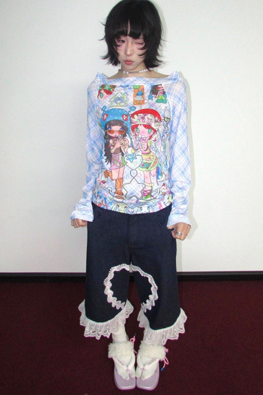T-shirt a maniche lunghe in mesh elasticizzato a quadri