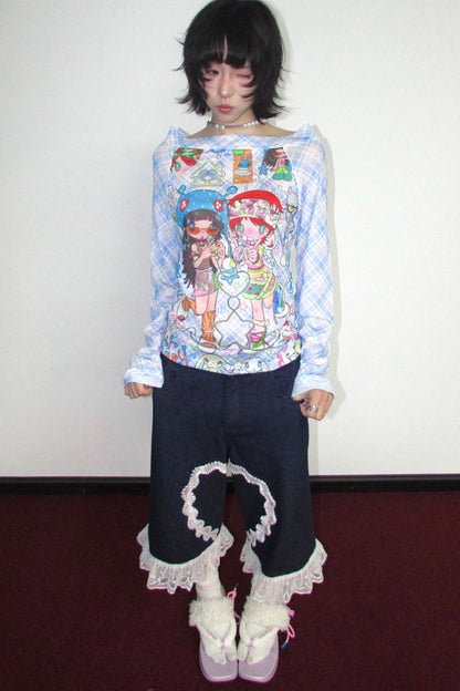 T-shirt a maniche lunghe in mesh elasticizzato a quadri