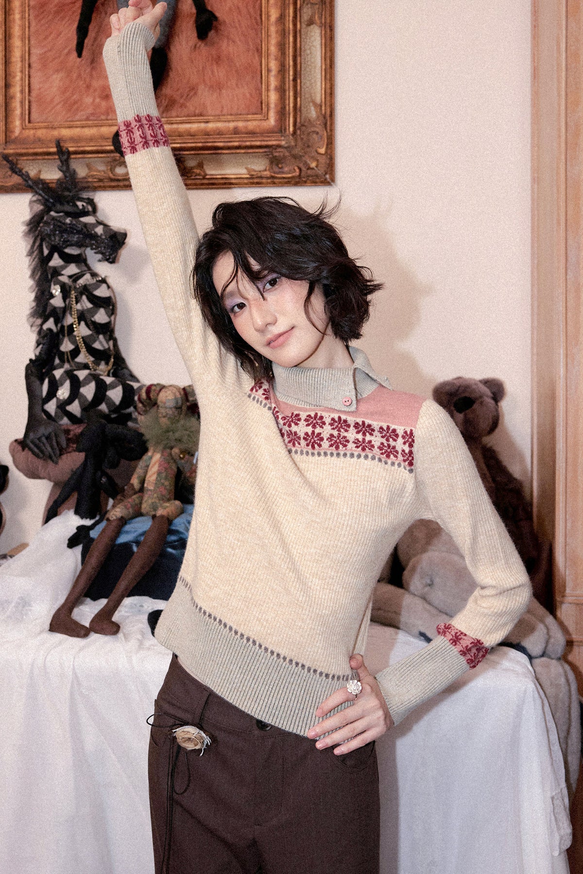 Floral High-Neck Pullover Sweater