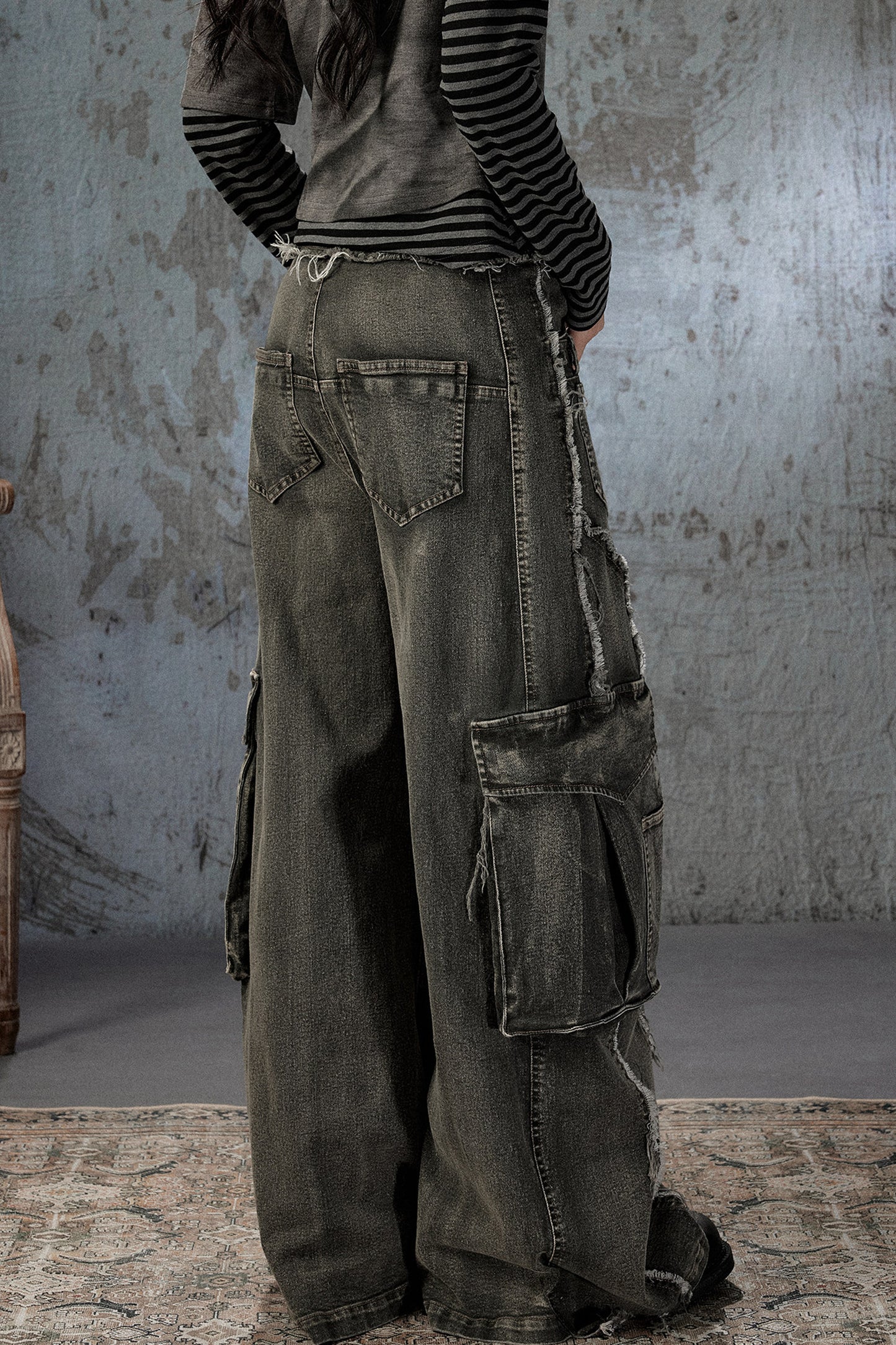 Vintage Washed Wide-Leg Large Patch Pockets Jeans