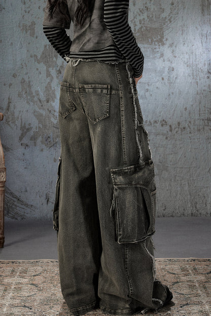 Vintage Washed Wide-Leg Large Patch Pockets Jeans