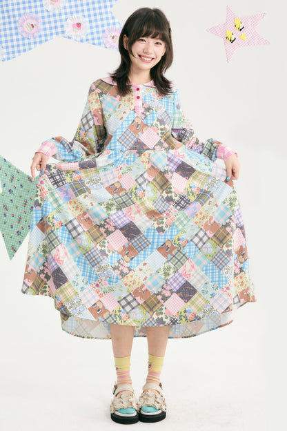 Bear Floral Patchwork Long Sleeve Dress