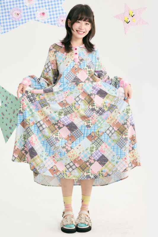 Bear Floral Patchwork Long Sleeve Dress