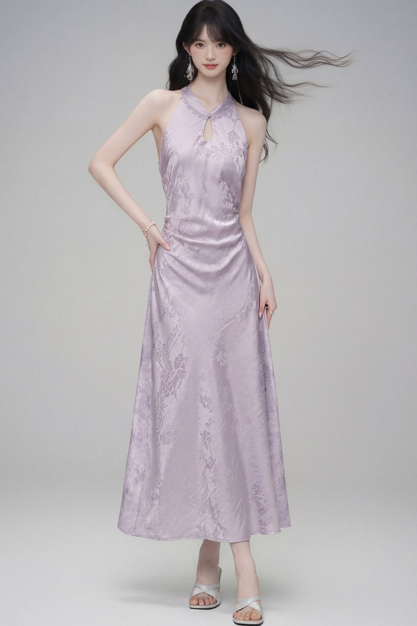 Halter-Neck Jacquard Cheongsam Dress