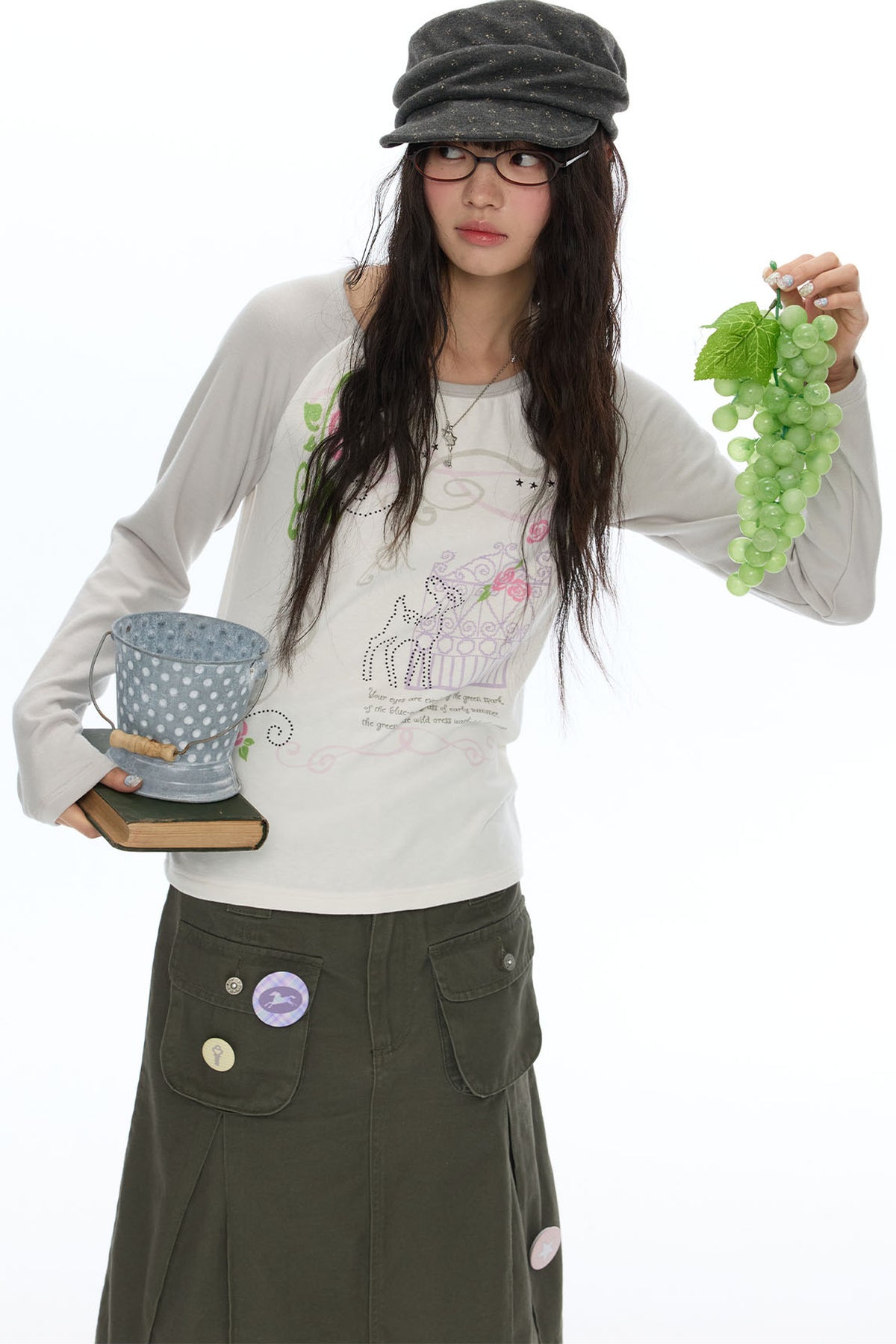 Deer Rose Print Long Sleeve Raglan Tee