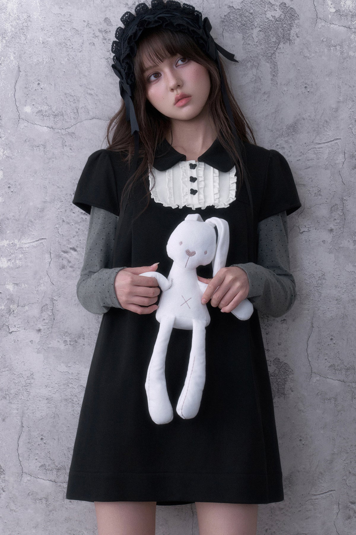 Dark Doll Collar Layered-Look Long Sleeve Dress