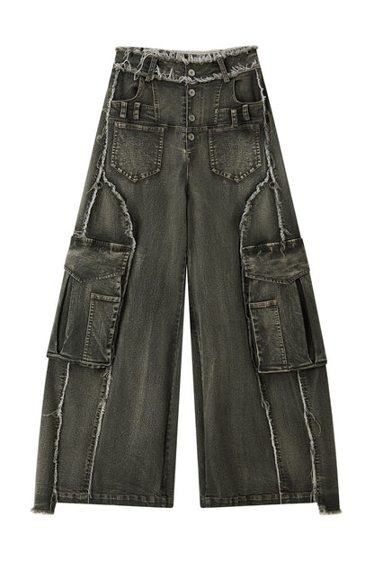 Vintage Washed Wide-Leg Large Patch Pockets Jeans