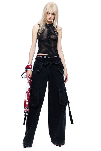 Washed Multi-Pocket Cargo Metal Eyelet Ribbon Jeans