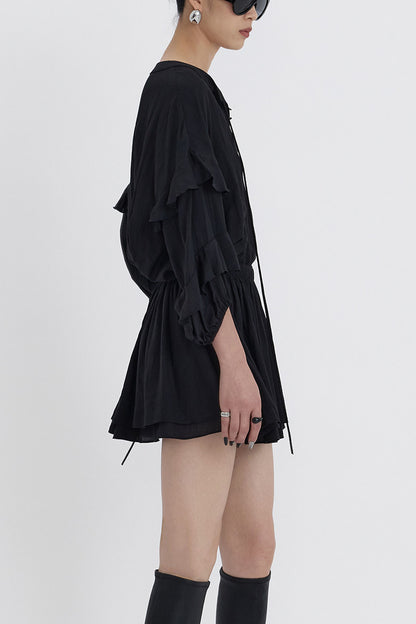 Black V-Neck Ruffle Lantern Sleeve Dress