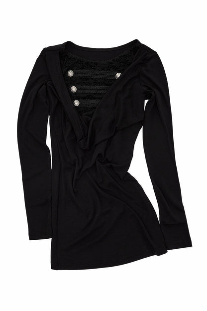 Long-Sleeved Lace Drape Neck Knit Dress