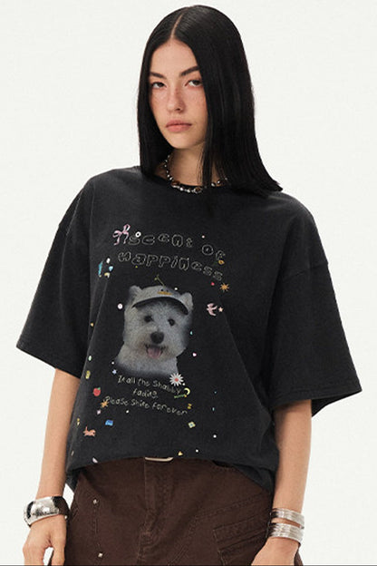 Rhinestone Cartoon Dog Drop Shoulder T-Shirt