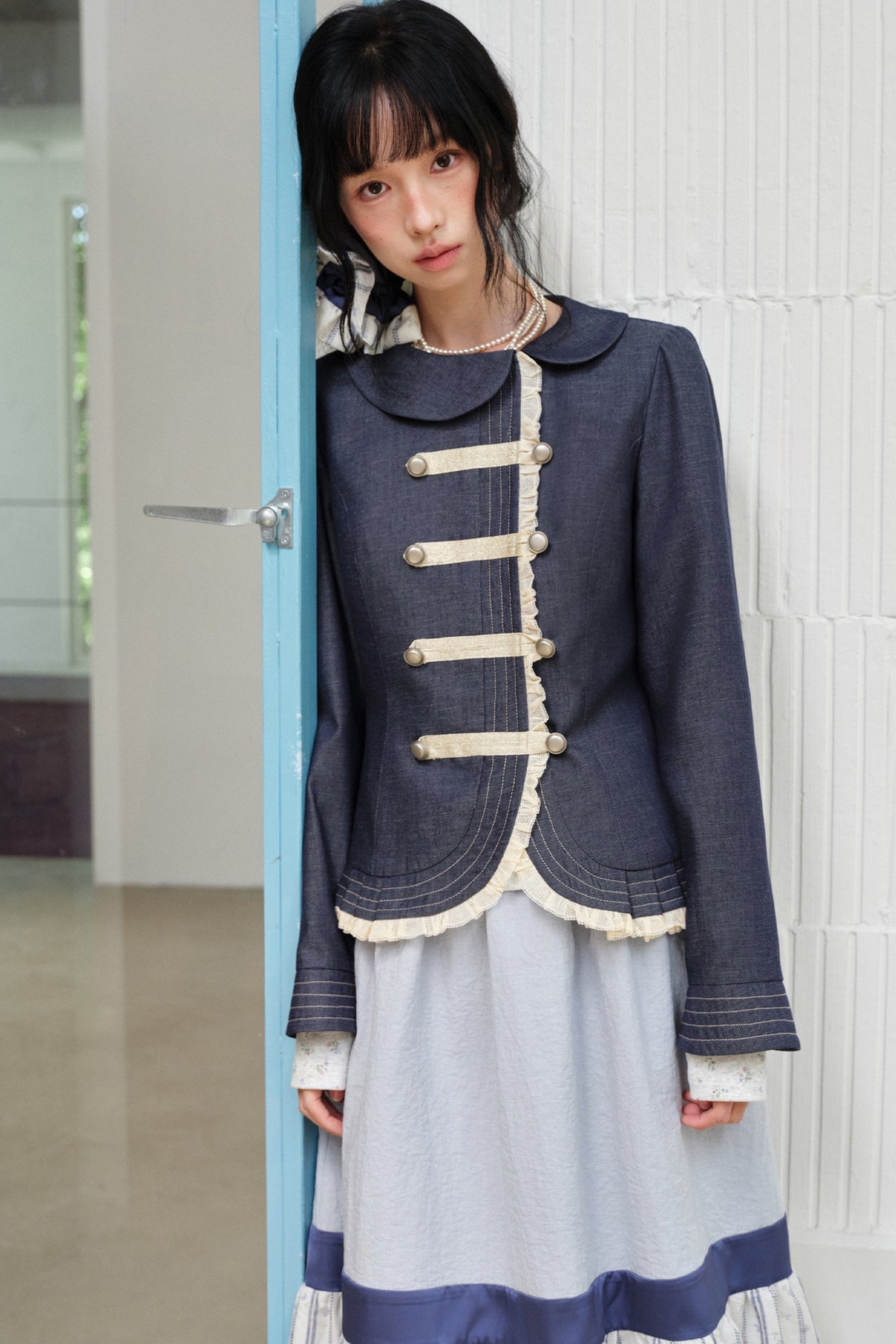 Collar Denim Lace Trim Jacket