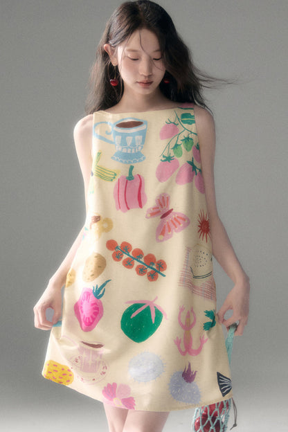 Hand-Painted Fruit Vegetable Print Sleeveless Vest Dress