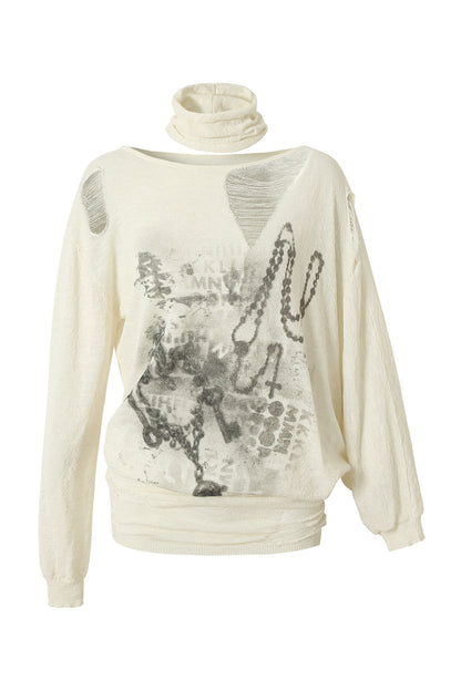 Ripped Off-Shoulder Punk Print Knit Top