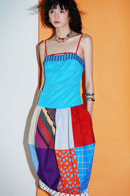 Patchwork Pleated Balloon Dress