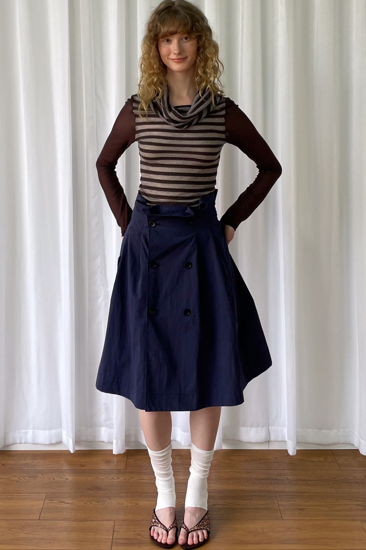 Spliced Striped Cowl Neck Long-Sleeve Blouse