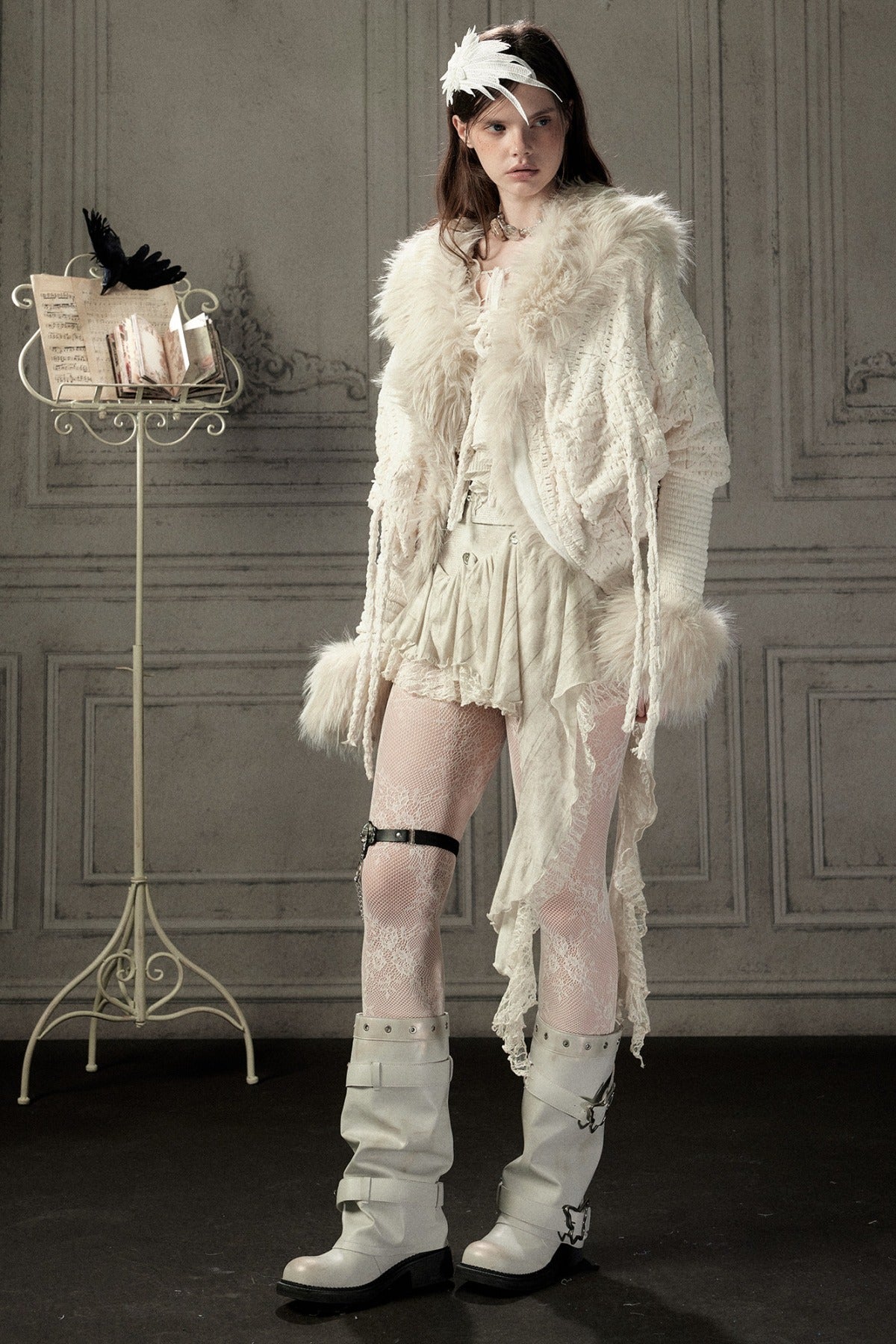 Beige Fur Collar Batwing Knit Jacket