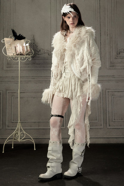 Beige Fur Collar Batwing Knit Jacket