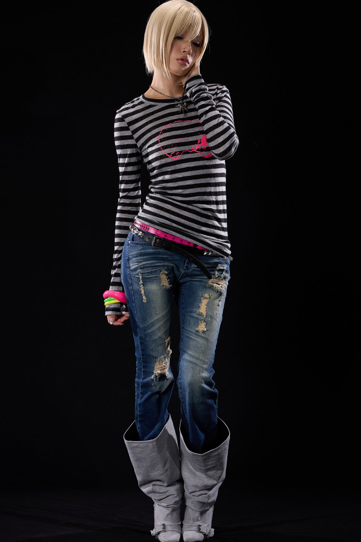 Skull Print Striped Long-Sleeve T-Shirt