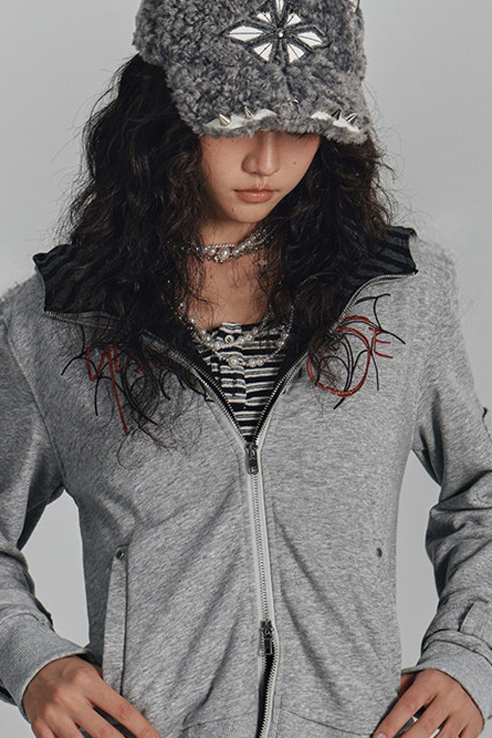 Striped Embroidered Knit Hooded Jacket