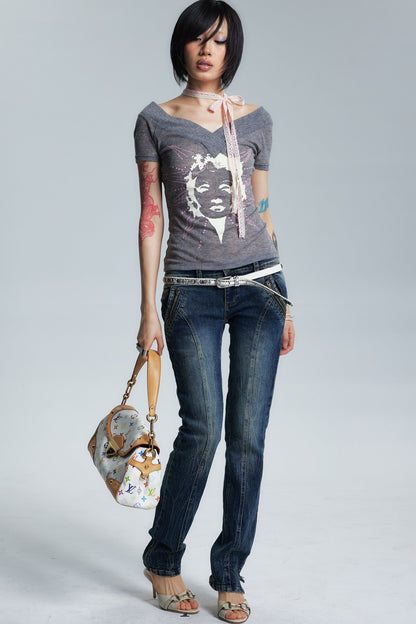 Sheer Two-Color V-Neck Off-Shoulder T-Shirt